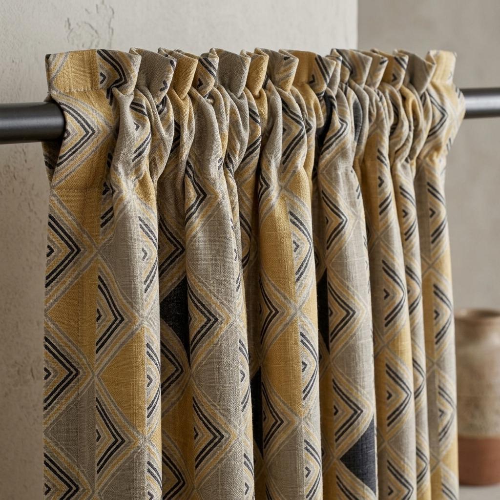 Black Mustard Pure Linen Curtains, Beige Tribal Geometric Drapes, Custom Blackout or Light-Filtering Panels — image 1