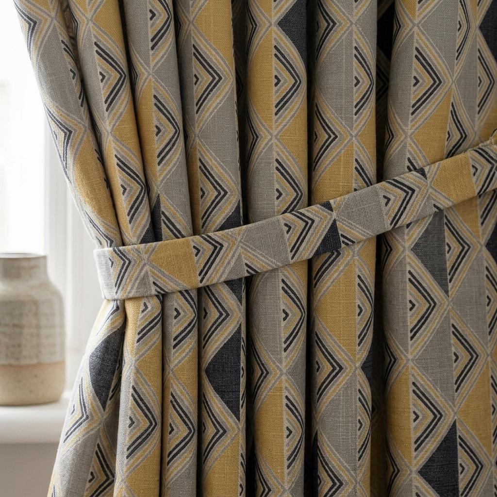 Black Mustard Pure Linen Curtains, Beige Tribal Geometric Drapes, Custom Blackout or Light-Filtering Panels — image 3