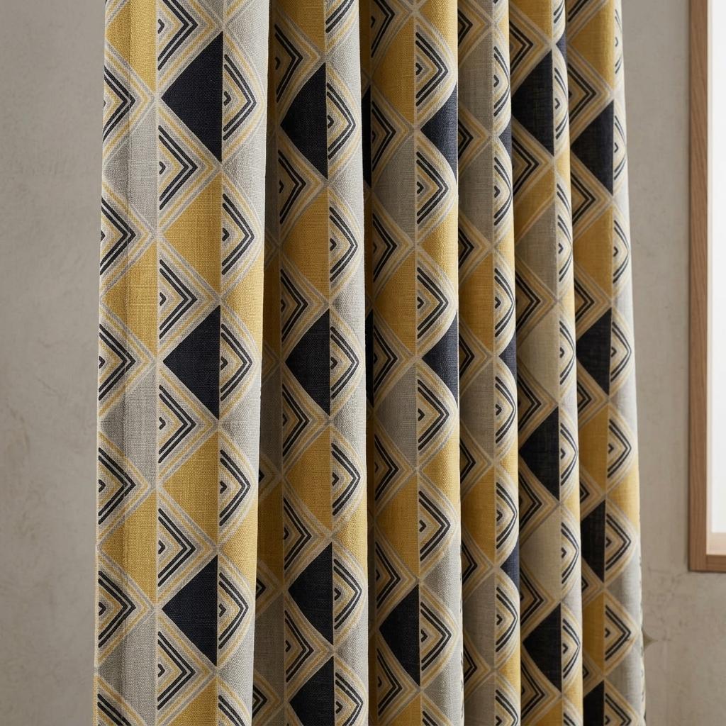 Black Mustard Pure Linen Curtains, Beige Tribal Geometric Drapes, Custom Blackout or Light-Filtering Panels — image 1