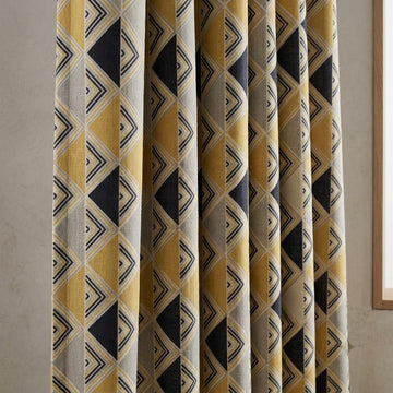 Black Mustard Pure Linen Curtains, Beige Tribal Geometric Drapes, Custom Blackout or Light-Filtering Panels — image 1
