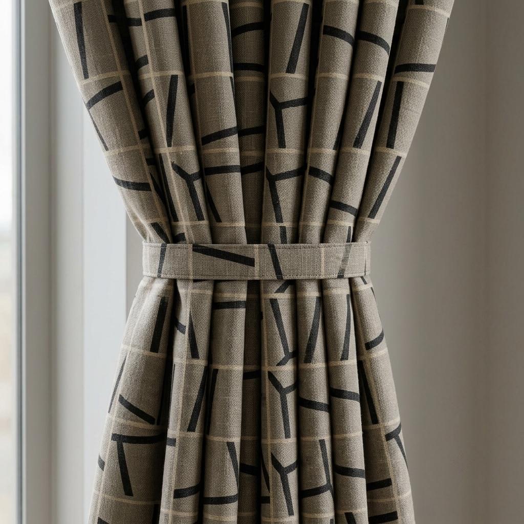 Black Grey Pure Linen Curtains, Abstract Geometric Line Print, Custom Blackout or Light Filtering Drapes — image 1