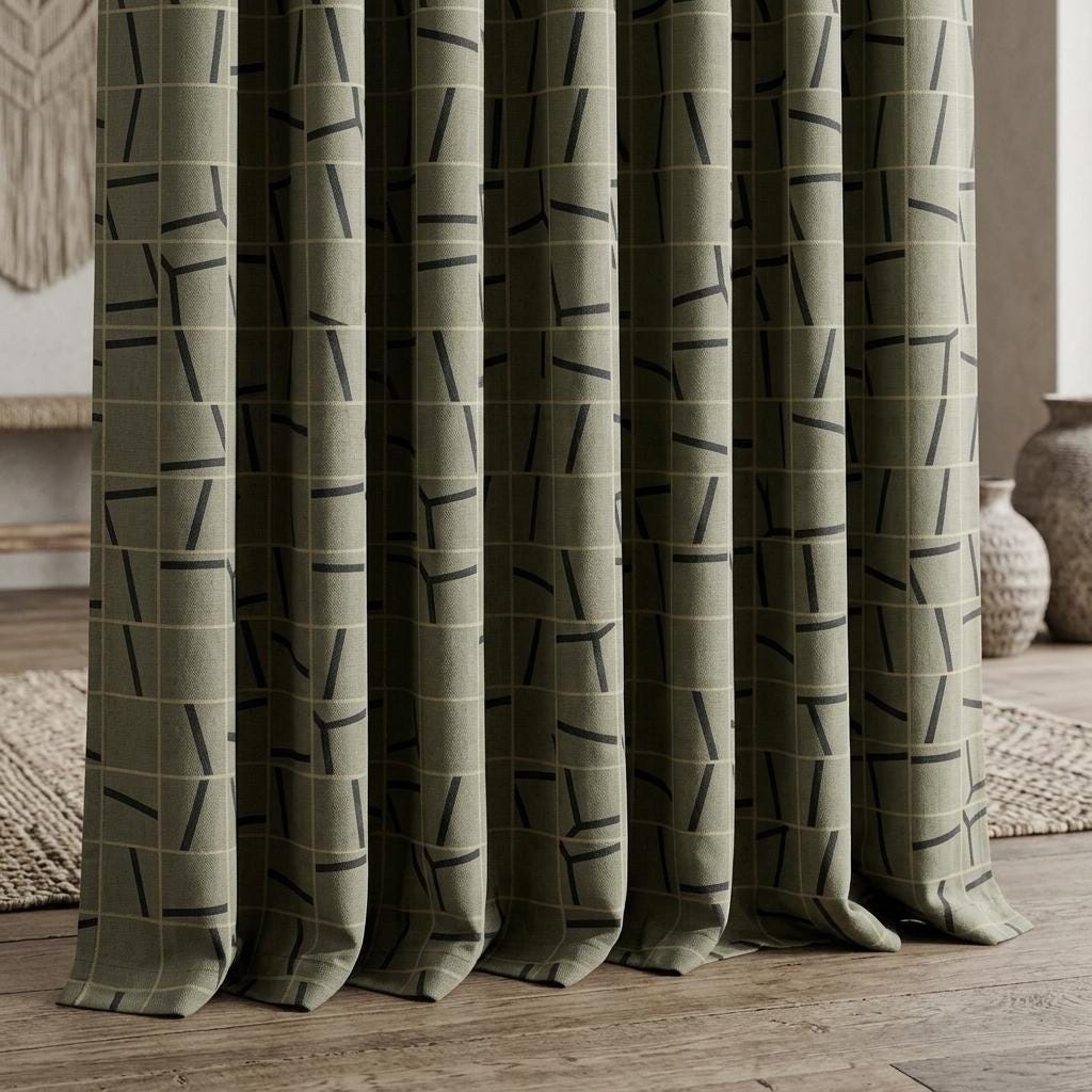 Black Grey Pure Linen Curtains, Abstract Geometric Line Print, Custom Blackout or Light Filtering Drapes — image 10