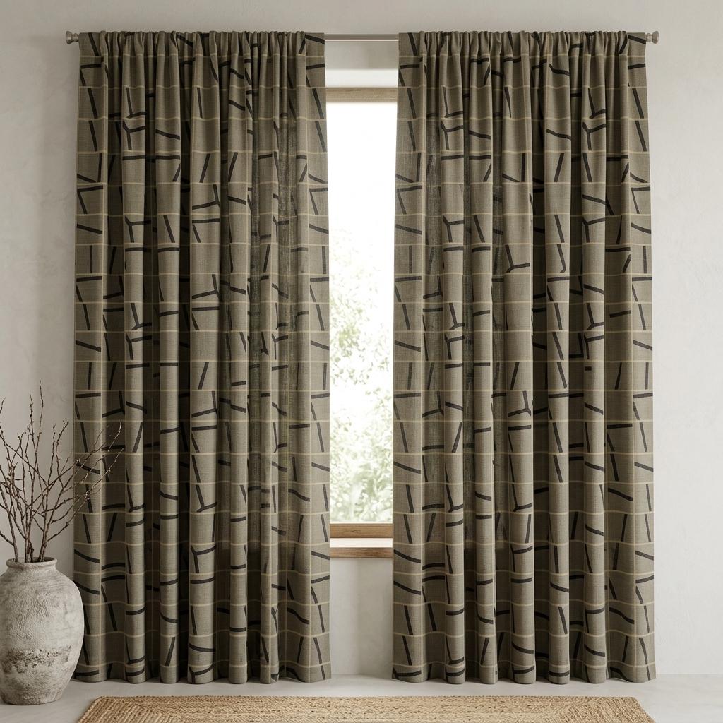 Black Grey Pure Linen Curtains, Abstract Geometric Line Print, Custom Blackout or Light Filtering Drapes — image 8
