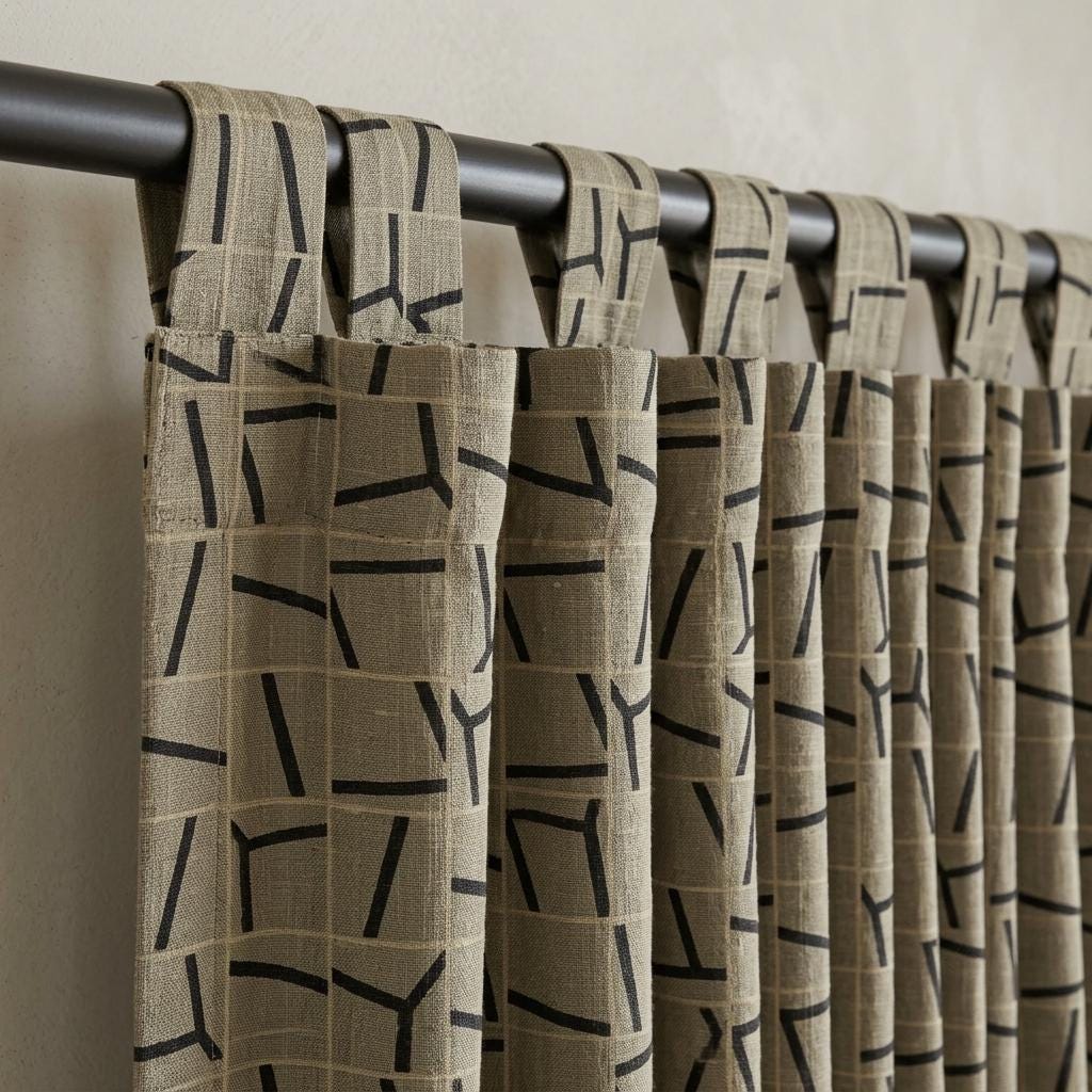 Black Grey Pure Linen Curtains, Abstract Geometric Line Print, Custom Blackout or Light Filtering Drapes — image 6