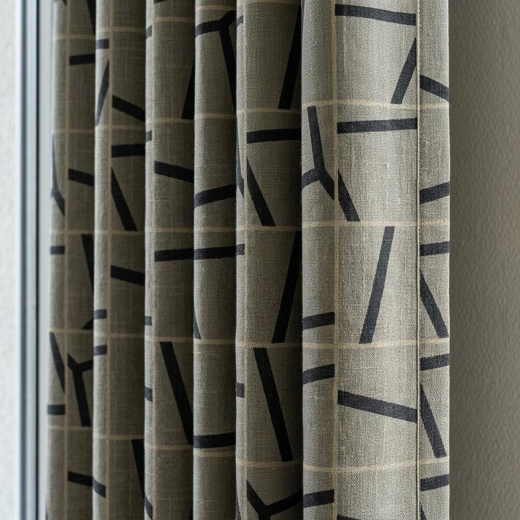 Black Grey Pure Linen Curtains, Abstract Geometric Line Print, Custom Blackout or Light Filtering Drapes — image 1