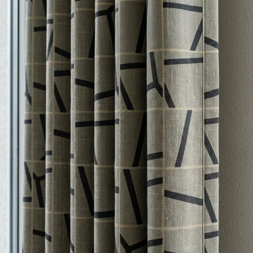 Black Grey Pure Linen Curtains, Abstract Geometric Line Print, Custom Blackout or Light Filtering Drapes — image 1