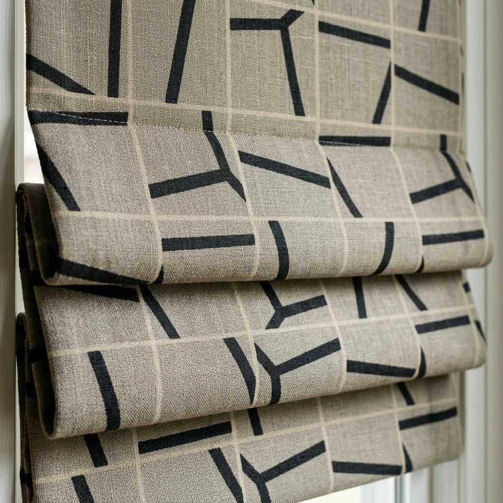 Taupe Black Linen Roman Shade, Abstract Geometric Custom Roman Blind, Mid Century Modern Blackout Shade — image 2