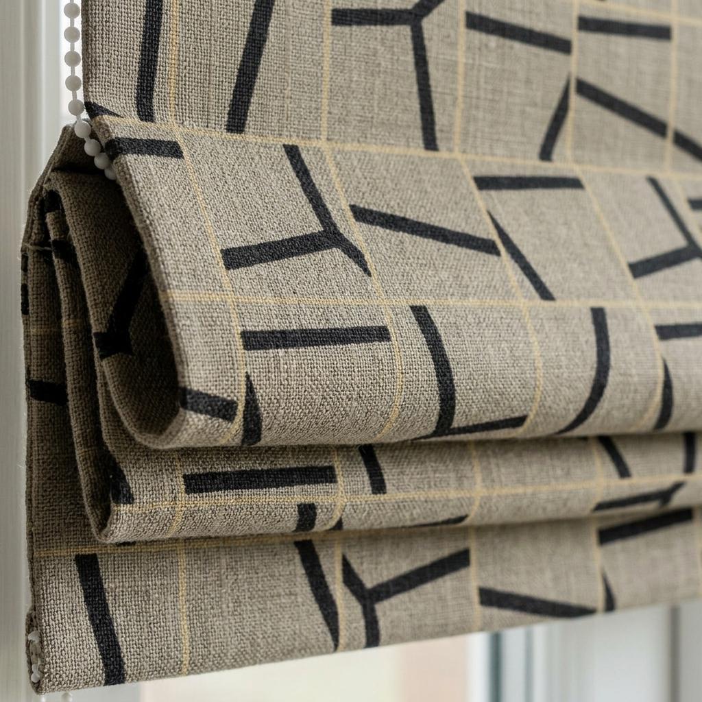 Taupe Black Linen Roman Shade, Abstract Geometric Custom Roman Blind, Mid Century Modern Blackout Shade — image 4