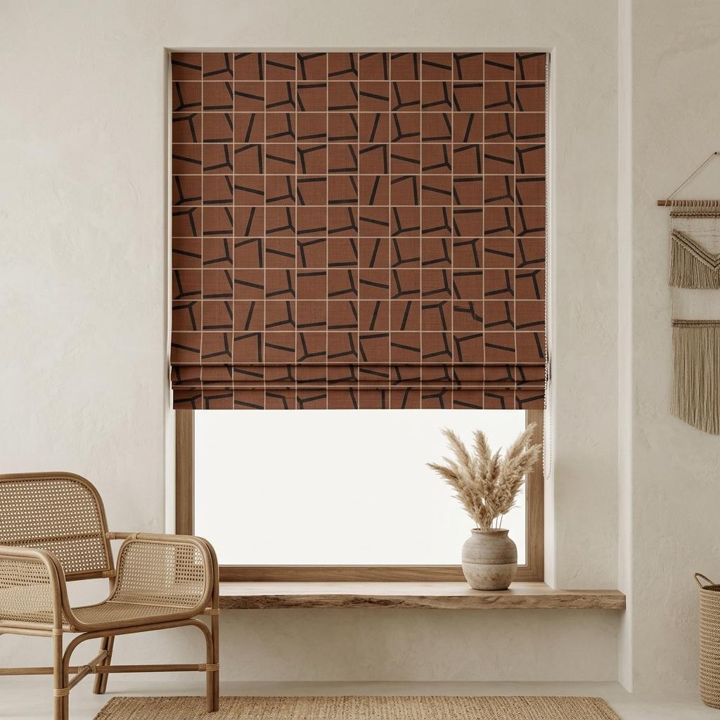 Rust Terracotta Black Linen Roman Shade, Abstract Geometric Custom Roman Blind, Mid Century Modern Blackout — image 7