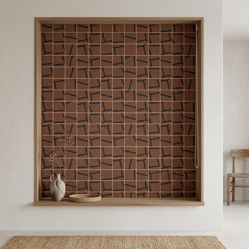 Rust Terracotta Black Linen Roman Shade, Abstract Geometric Custom Roman Blind, Mid Century Modern Blackout — image 2