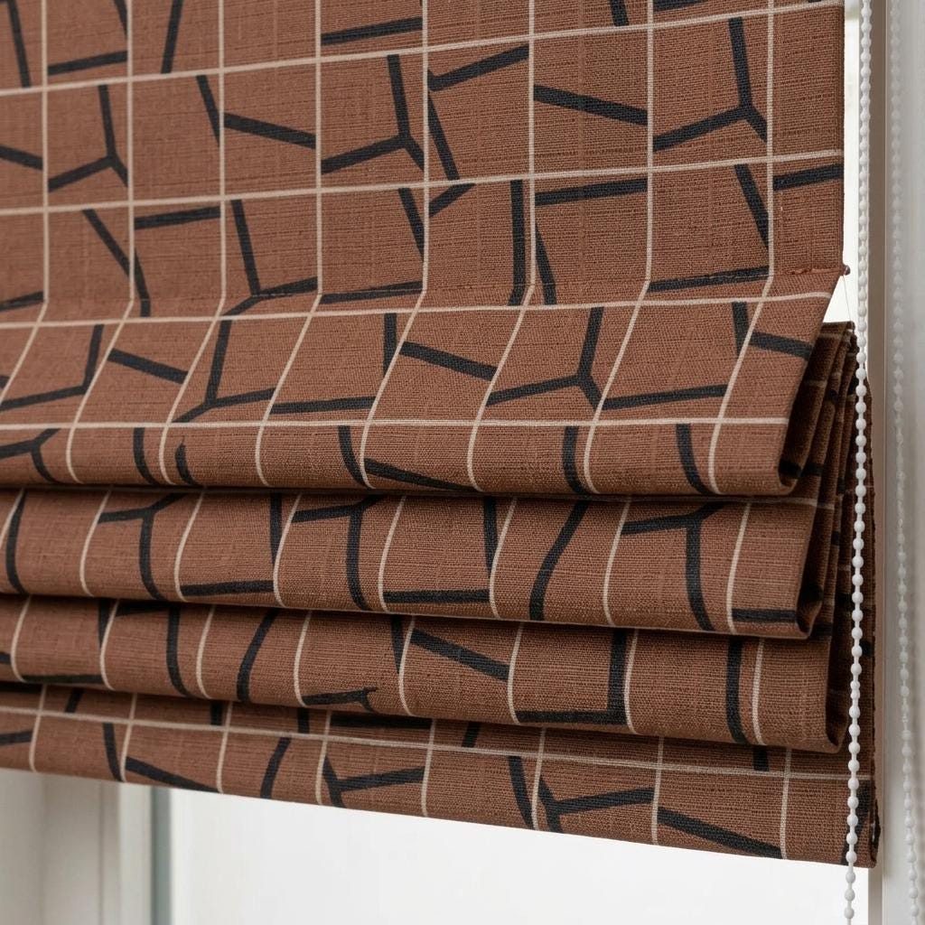 Rust Terracotta Black Linen Roman Shade, Abstract Geometric Custom Roman Blind, Mid Century Modern Blackout — image 1