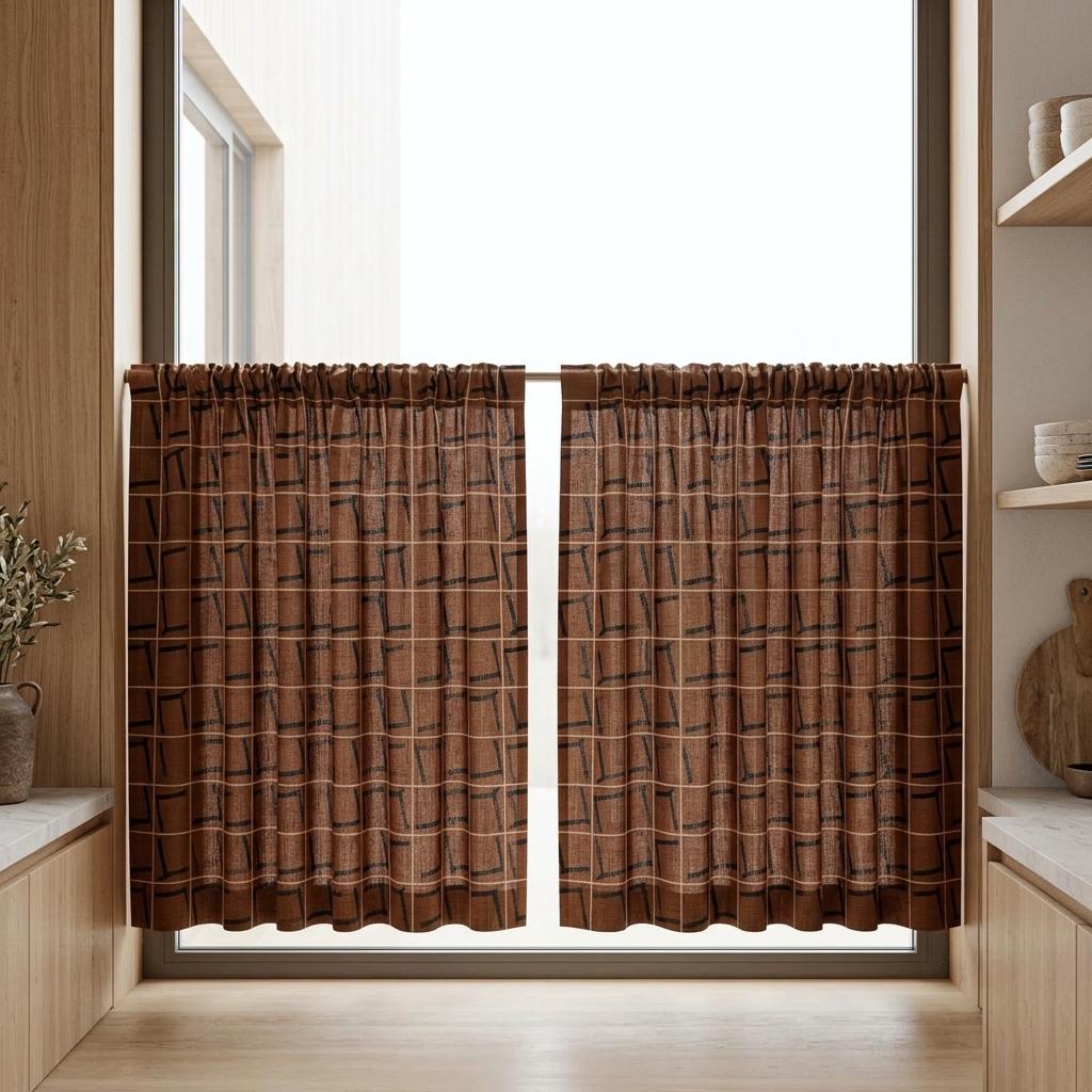 Terracotta Black Pure Linen Curtains, Abstract Geometric Grid Drapes, Custom Blackout or Light Filtering Panels — image 8