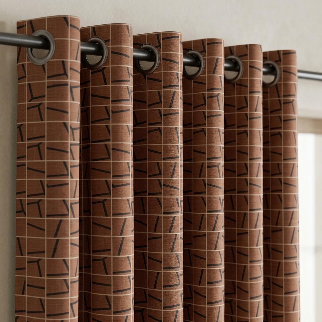 Terracotta Black Pure Linen Curtains, Abstract Geometric Grid Drapes, Custom Blackout or Light Filtering Panels — image 6