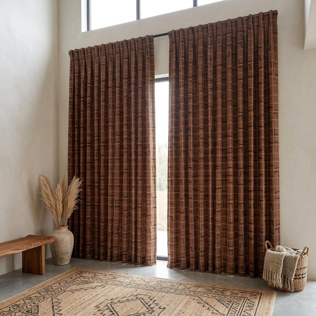 Terracotta Black Pure Linen Curtains, Abstract Geometric Grid Drapes, Custom Blackout or Light Filtering Panels — image 5
