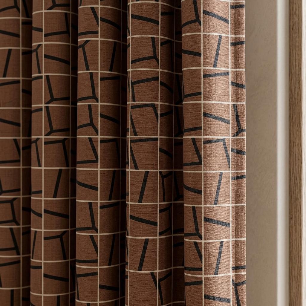 Terracotta Black Pure Linen Curtains, Abstract Geometric Grid Drapes, Custom Blackout or Light Filtering Panels — image 1