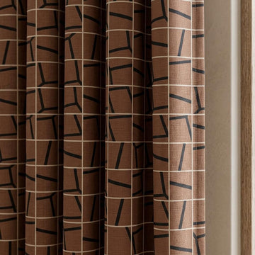 Terracotta Black Pure Linen Curtains, Abstract Geometric Grid Drapes, Custom Blackout or Light Filtering Panels — image 1