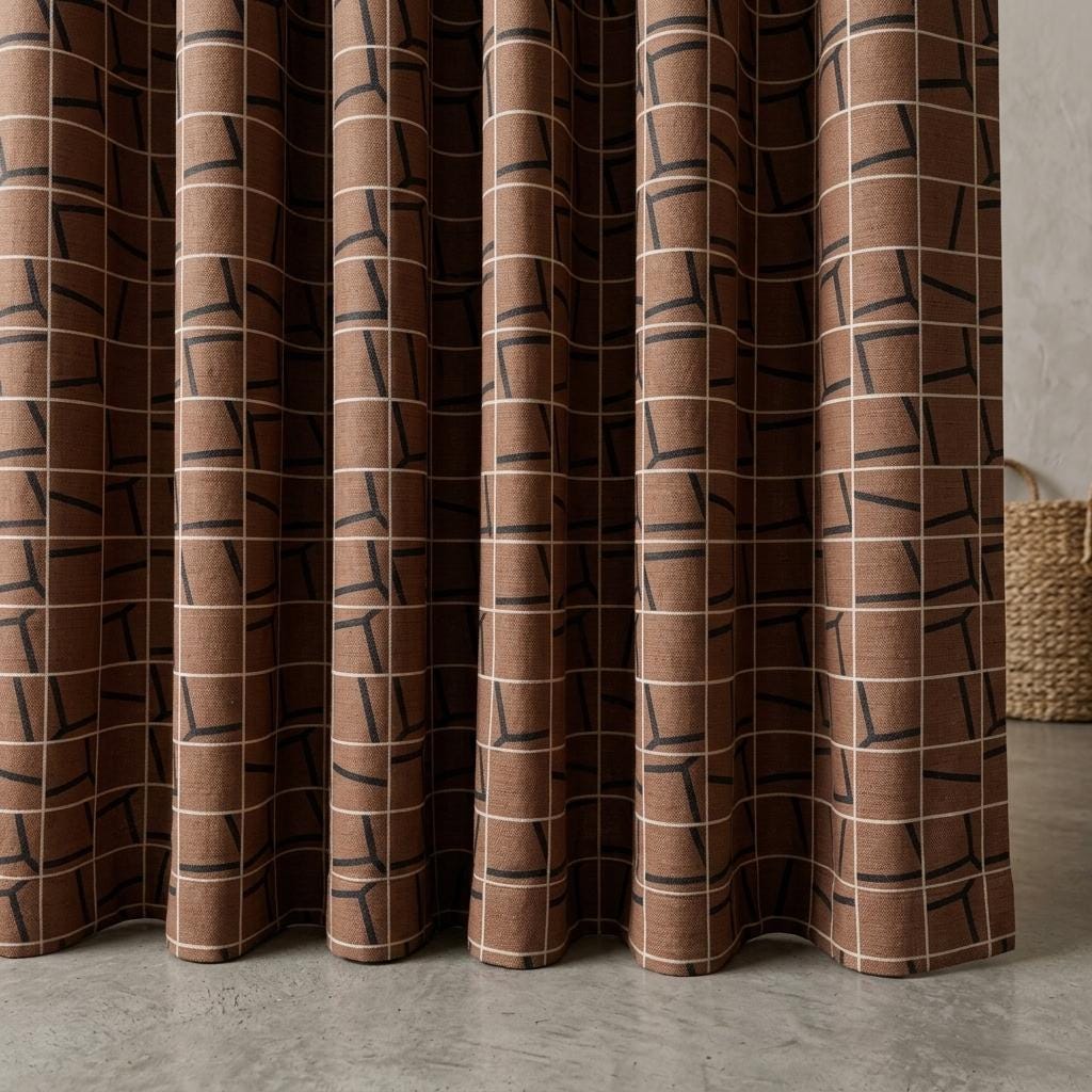 Terracotta Black Pure Linen Curtains, Abstract Geometric Grid Drapes, Custom Blackout or Light Filtering Panels — image 4