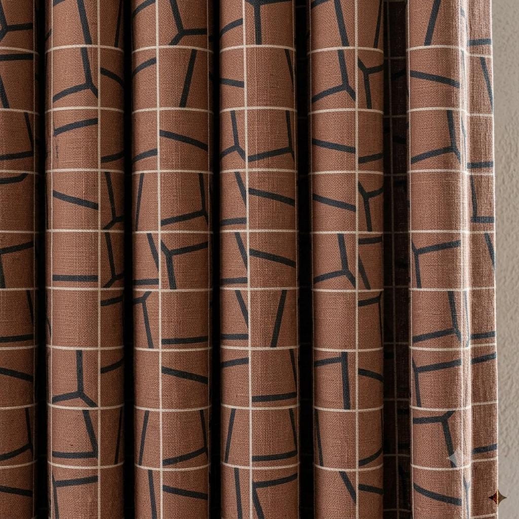 Terracotta Black Pure Linen Curtains, Abstract Geometric Grid Drapes, Custom Blackout or Light Filtering Panels — image 9