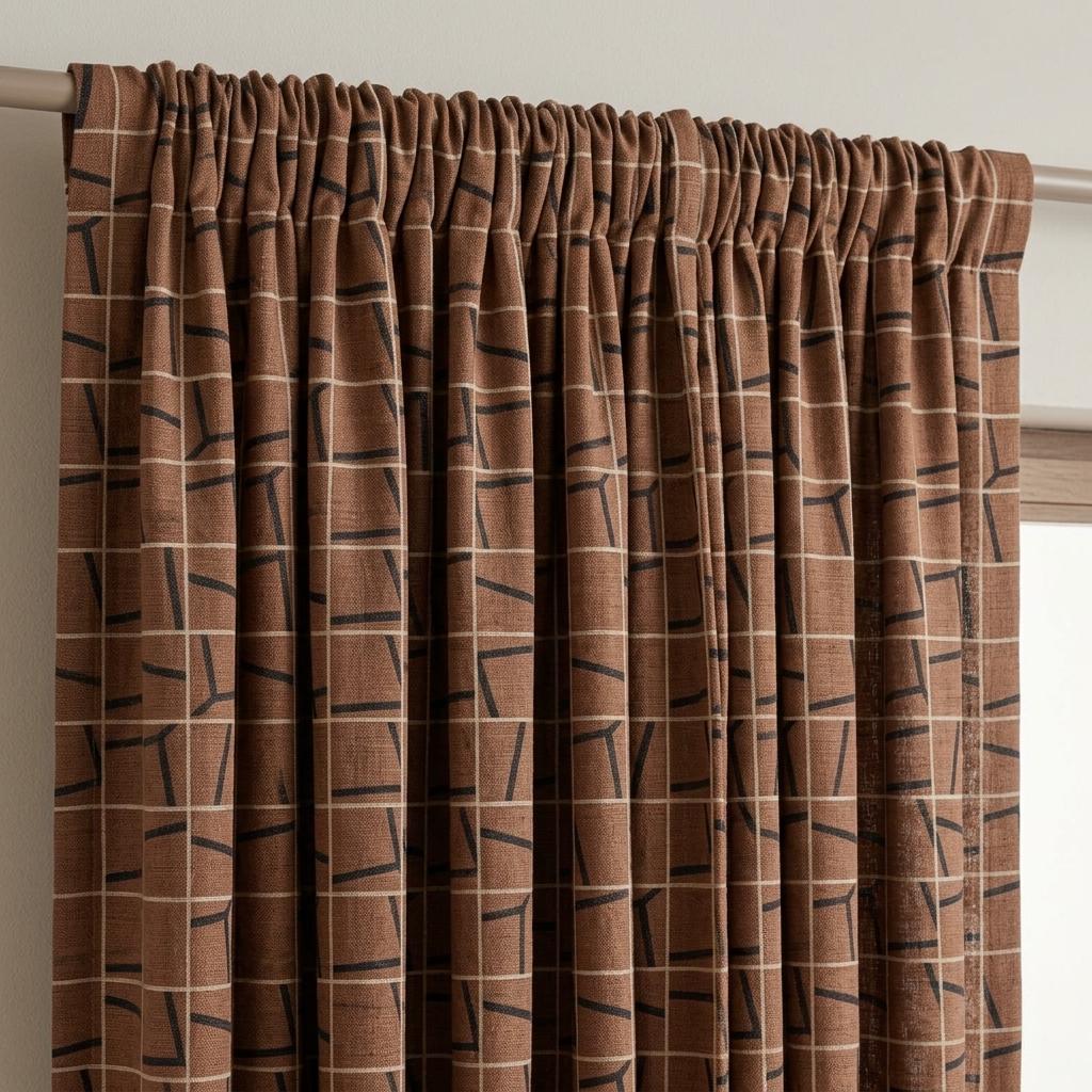 Terracotta Black Pure Linen Curtains, Abstract Geometric Grid Drapes, Custom Blackout or Light Filtering Panels — image 3