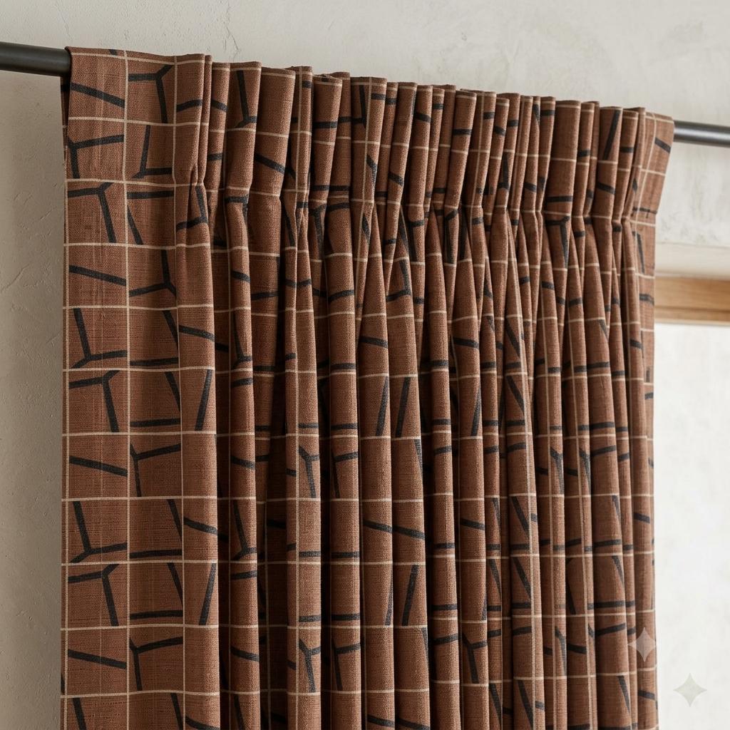 Terracotta Black Pure Linen Curtains, Abstract Geometric Grid Drapes, Custom Blackout or Light Filtering Panels — image 10