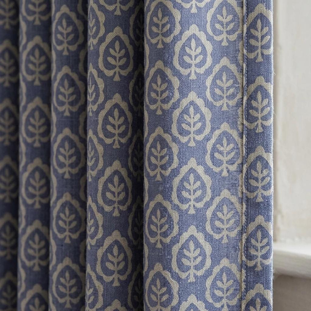 Dusty Indigo Blue Pure Linen Curtains, Ivory Botanical Leaf Print Drapes, Custom Extra Long Blackout Panels — image 6