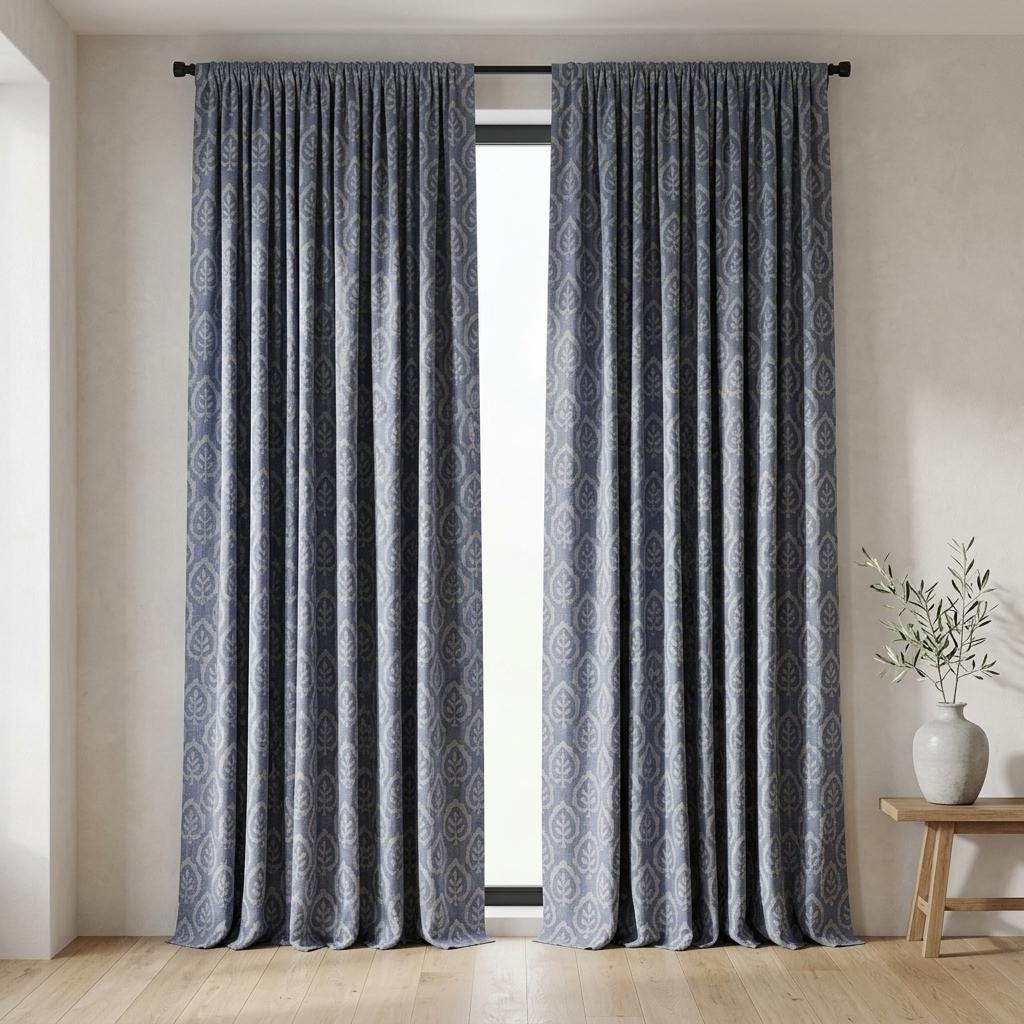 Dusty Indigo Blue Pure Linen Curtains, Ivory Botanical Leaf Print Drapes, Custom Extra Long Blackout Panels — image 7
