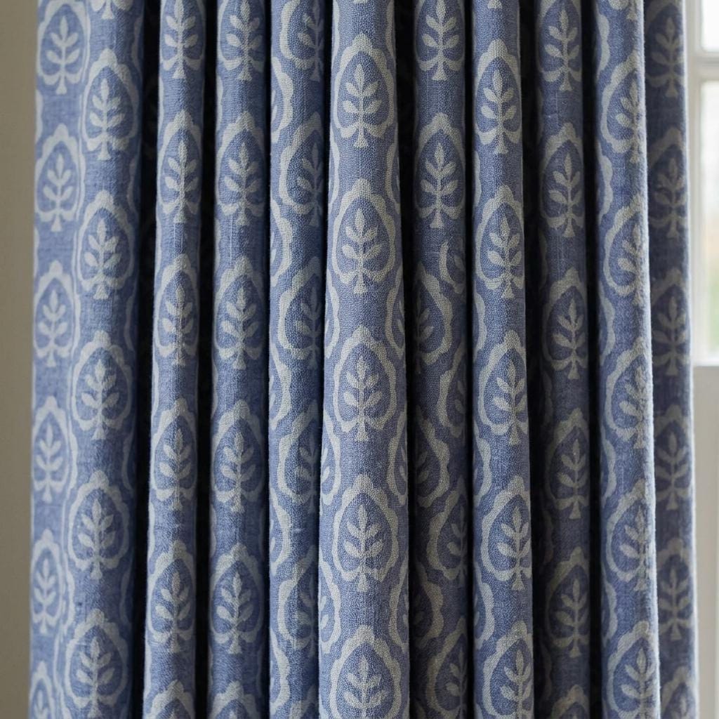 Dusty Indigo Blue Pure Linen Curtains, Ivory Botanical Leaf Print Drapes, Custom Extra Long Blackout Panels — image 4