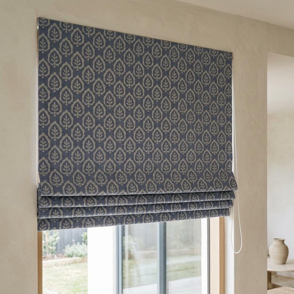 Dusty Blue & Ivory Linen Roman Shade, Botanical Leaf Print, Custom Blackout or Light Filtering Window Blind — image 4
