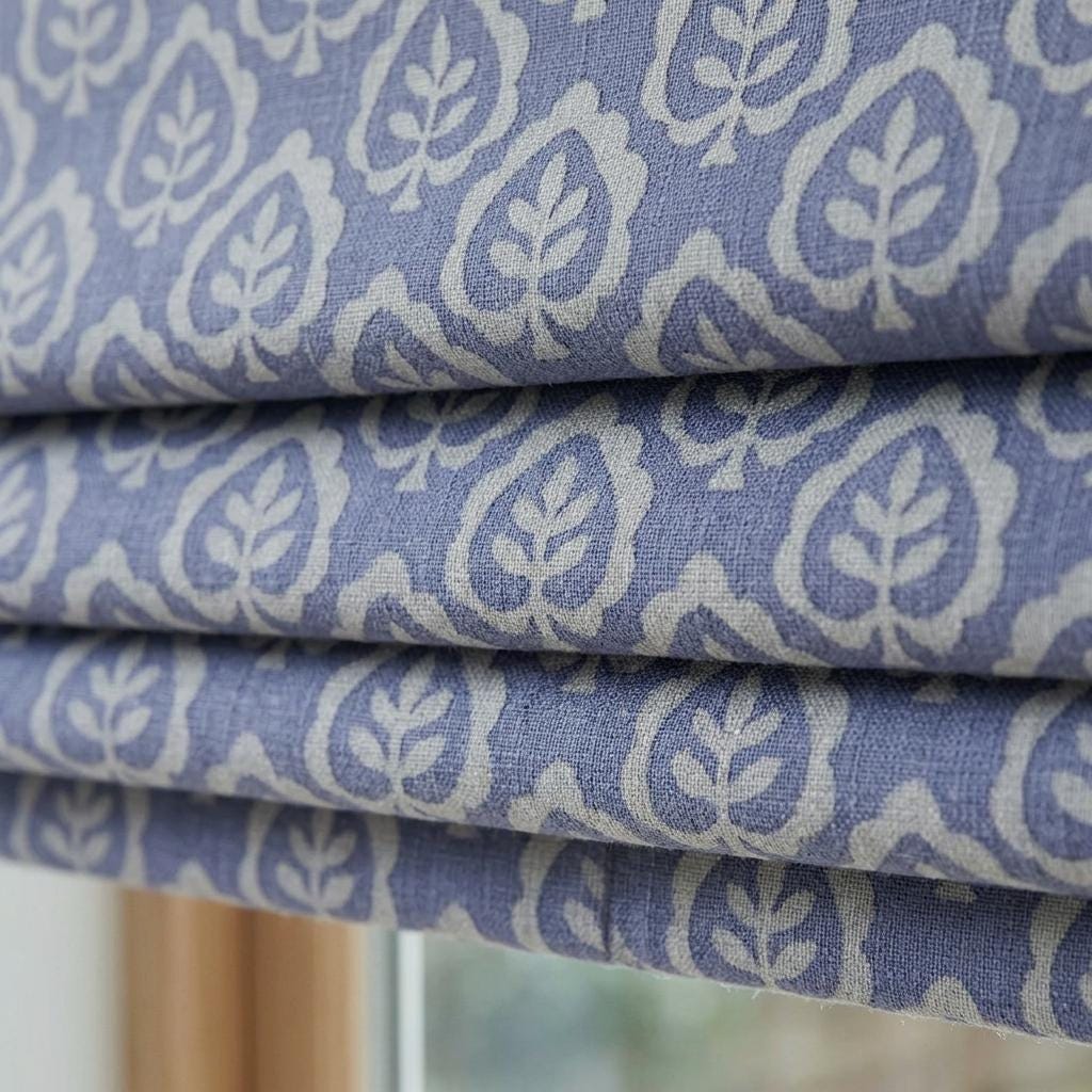 Dusty Blue & Ivory Linen Roman Shade, Botanical Leaf Print, Custom Blackout or Light Filtering Window Blind — image 2
