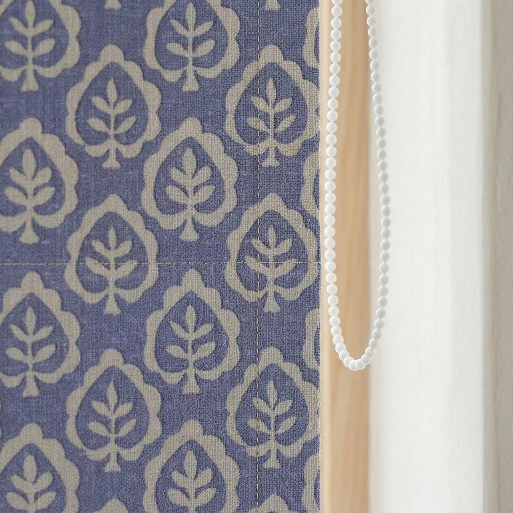 Dusty Blue & Ivory Linen Roman Shade, Botanical Leaf Print, Custom Blackout or Light Filtering Window Blind — image 3