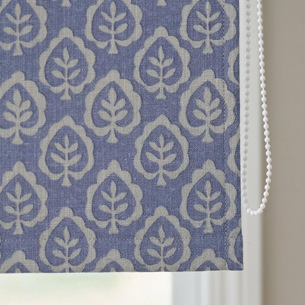 Dusty Blue & Ivory Linen Roman Shade, Botanical Leaf Print, Custom Blackout or Light Filtering Window Blind — image 5