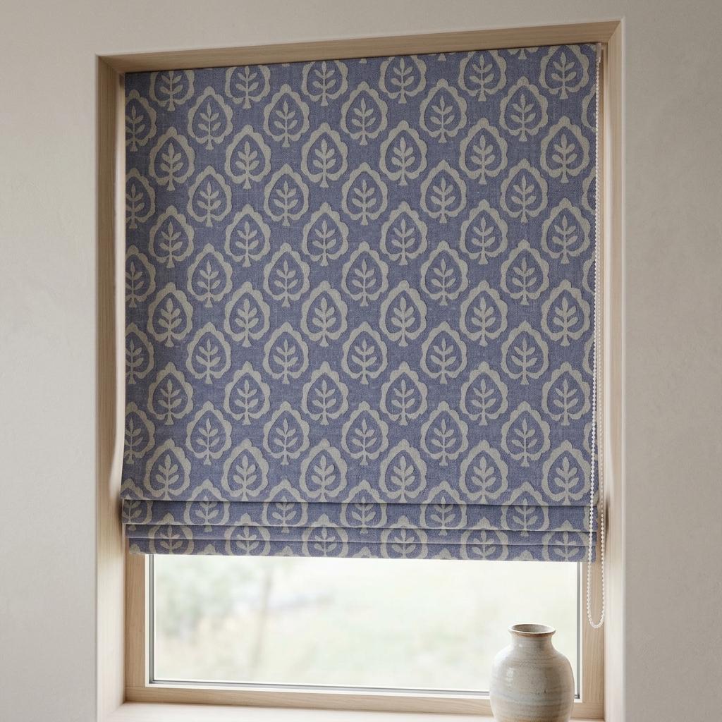 Dusty Blue & Ivory Linen Roman Shade, Botanical Leaf Print, Custom Blackout or Light Filtering Window Blind — image 1