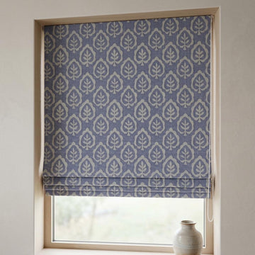 Dusty Blue & Ivory Linen Roman Shade, Botanical Leaf Print, Custom Blackout or Light Filtering Window Blind — image 1