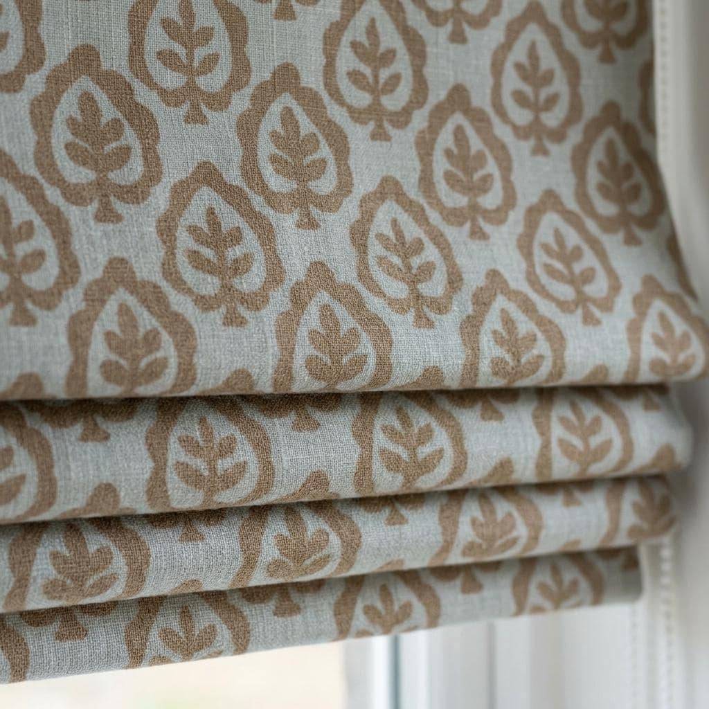 Camel Tan & Greige Linen Roman Shade, Botanical Tree Print, Custom Blackout or Light Filtering Window Blind — image 1