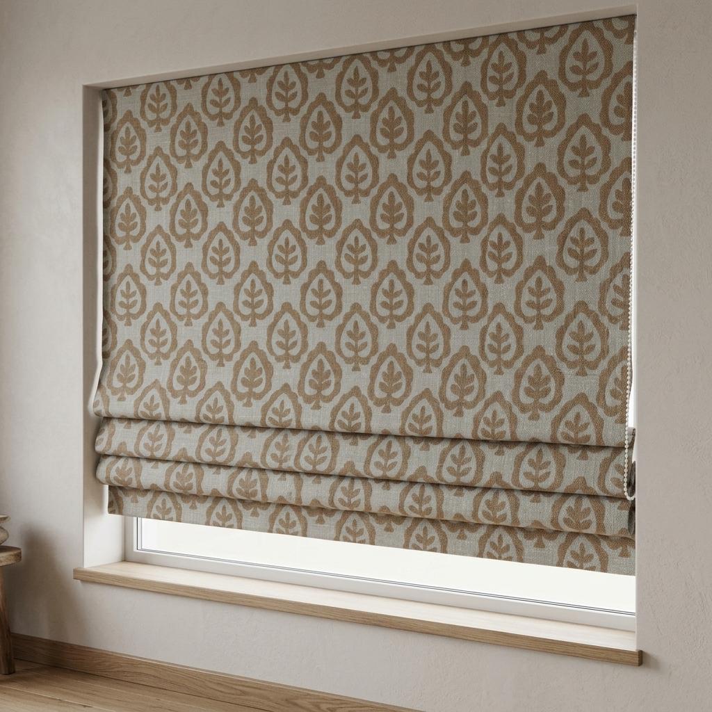 Camel Tan & Greige Linen Roman Shade, Botanical Tree Print, Custom Blackout or Light Filtering Window Blind — image 3