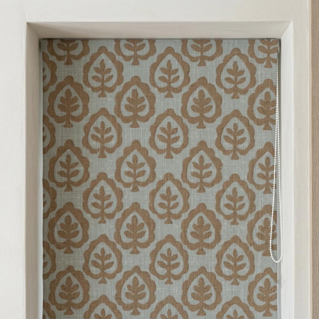Camel Tan & Greige Linen Roman Shade, Botanical Tree Print, Custom Blackout or Light Filtering Window Blind — image 10