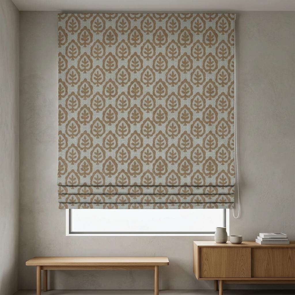 Camel Tan & Greige Linen Roman Shade, Botanical Tree Print, Custom Blackout or Light Filtering Window Blind — image 9