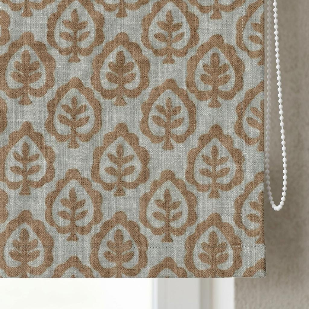 Camel Tan & Greige Linen Roman Shade, Botanical Tree Print, Custom Blackout or Light Filtering Window Blind — image 6