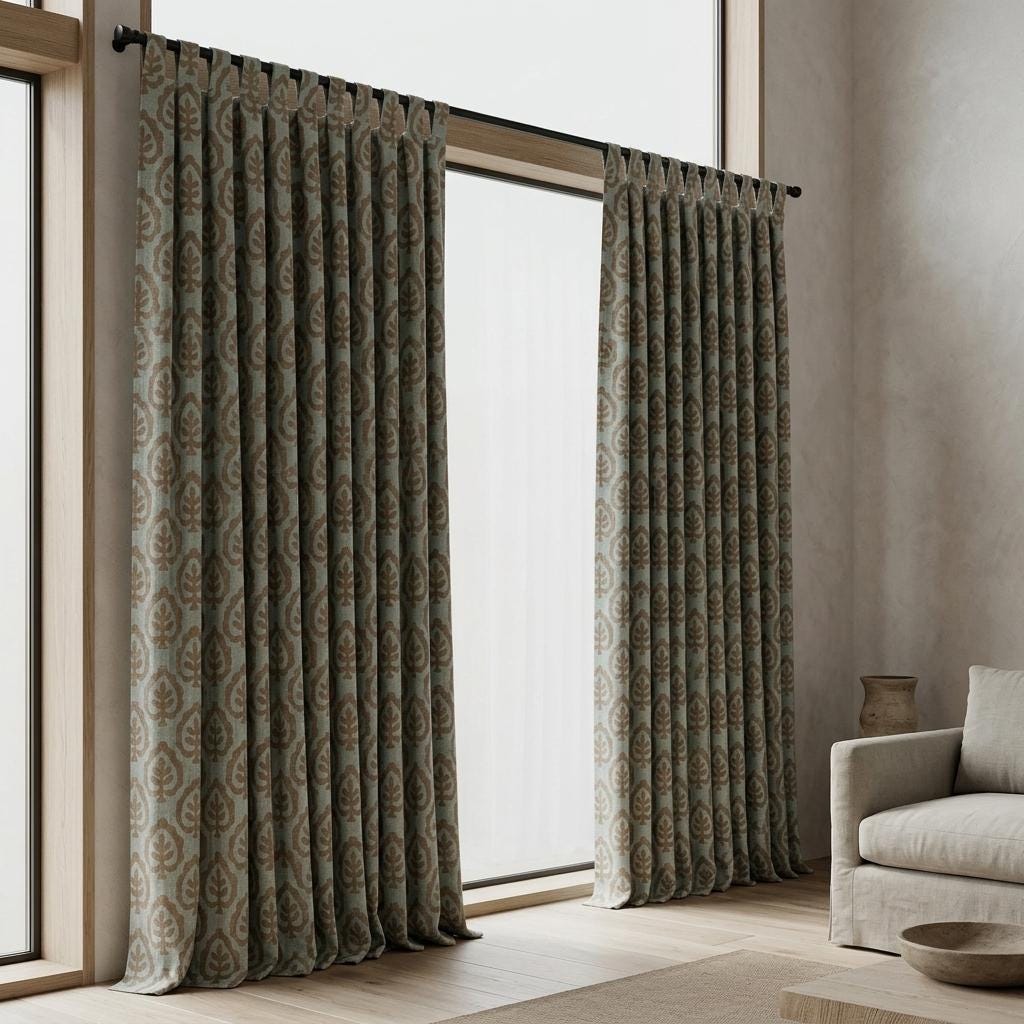 Greige Pure Linen Curtains, Camel Brown Botanical Leaf Print Drapes, Custom Extra Long Blackout Panels — image 4