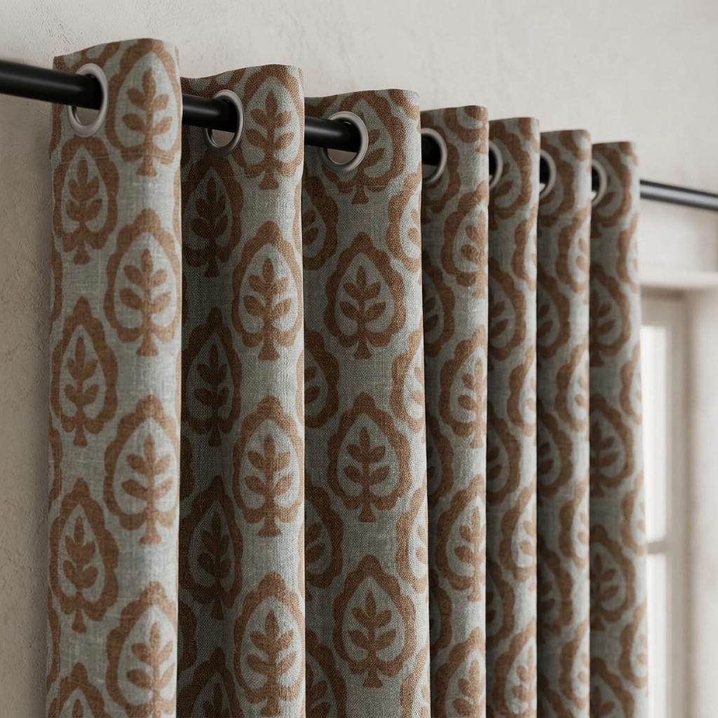 Greige Pure Linen Curtains, Camel Brown Botanical Leaf Print Drapes, Custom Extra Long Blackout Panels — image 6