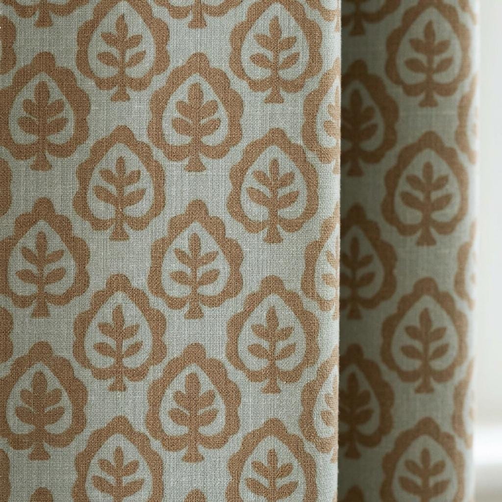 Greige Pure Linen Curtains, Camel Brown Botanical Leaf Print Drapes, Custom Extra Long Blackout Panels — image 5