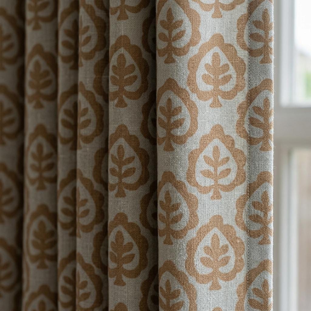 Greige Pure Linen Curtains, Camel Brown Botanical Leaf Print Drapes, Custom Extra Long Blackout Panels — image 1
