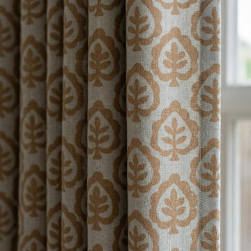 Greige Pure Linen Curtains, Camel Brown Botanical Leaf Print Drapes, Custom Extra Long Blackout Panels — image 1