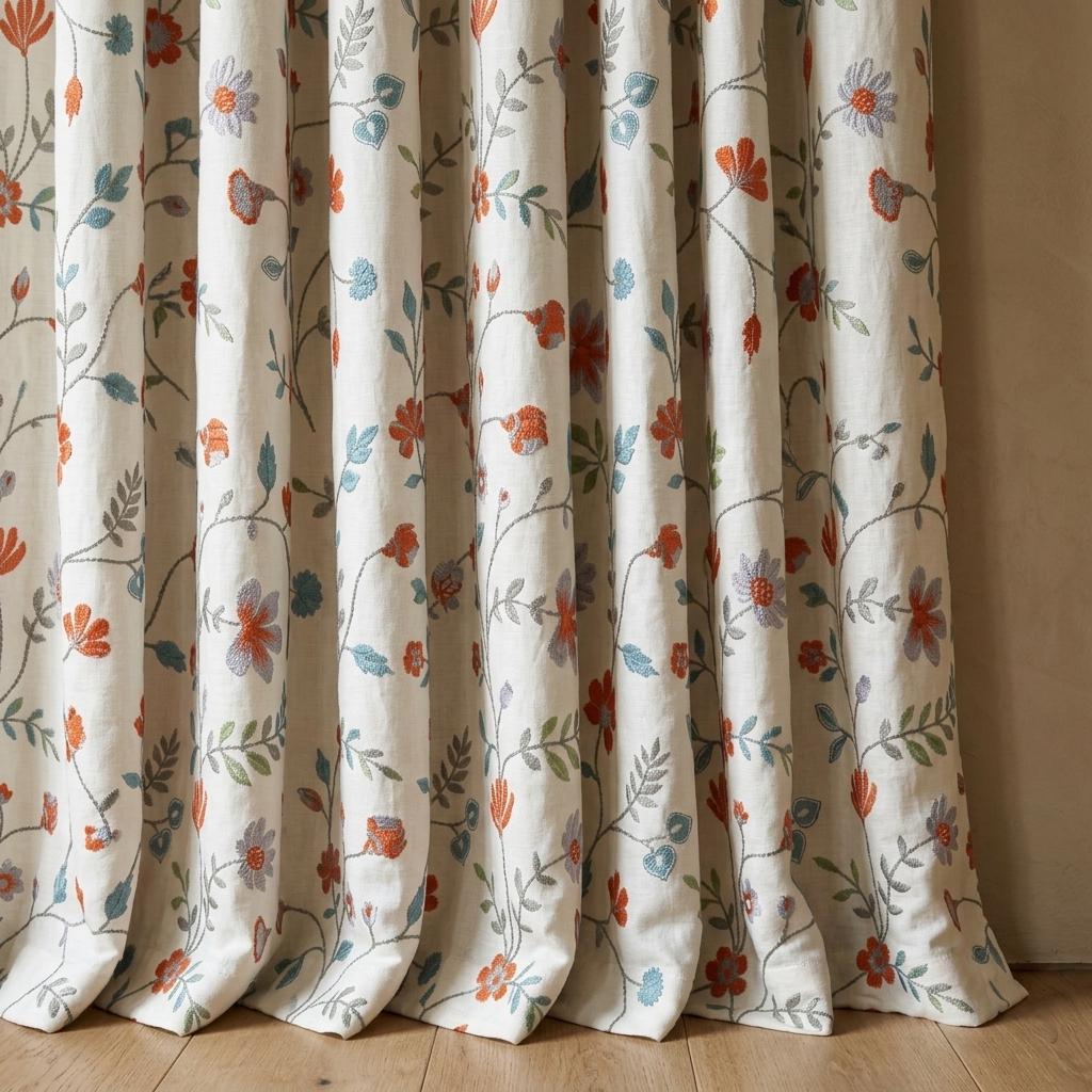 Ivory Pure Linen Embroidered Curtains, Burnt Orange Blue Floral Vine Drapes, Custom Extra Long Blackout Panels — image 5