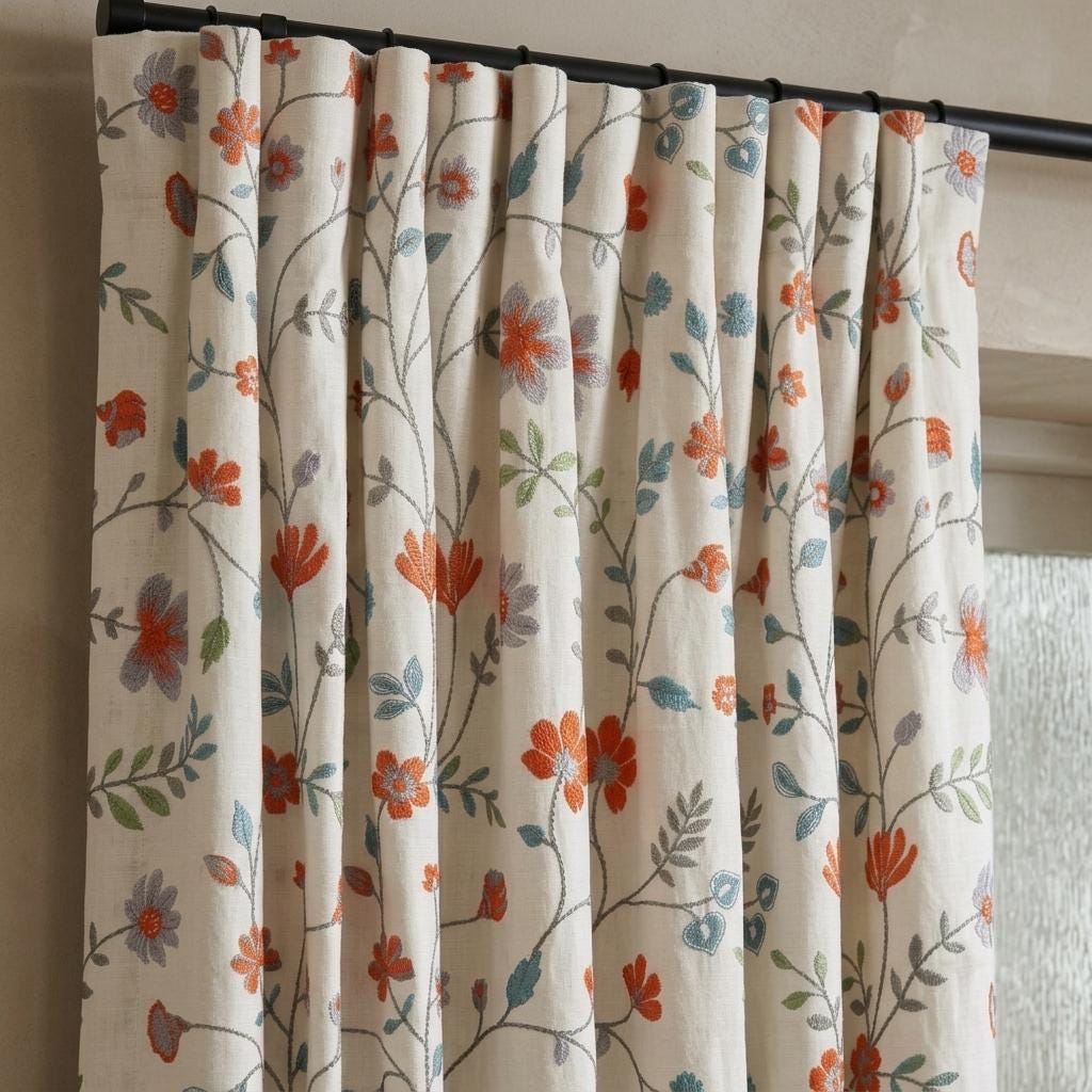 Ivory Pure Linen Embroidered Curtains, Burnt Orange Blue Floral Vine Drapes, Custom Extra Long Blackout Panels — image 4