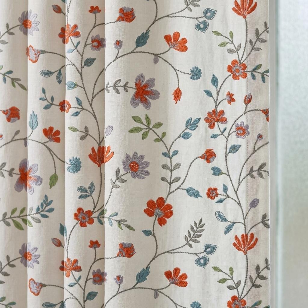 Ivory Pure Linen Embroidered Curtains, Burnt Orange Blue Floral Vine Drapes, Custom Extra Long Blackout Panels — image 6