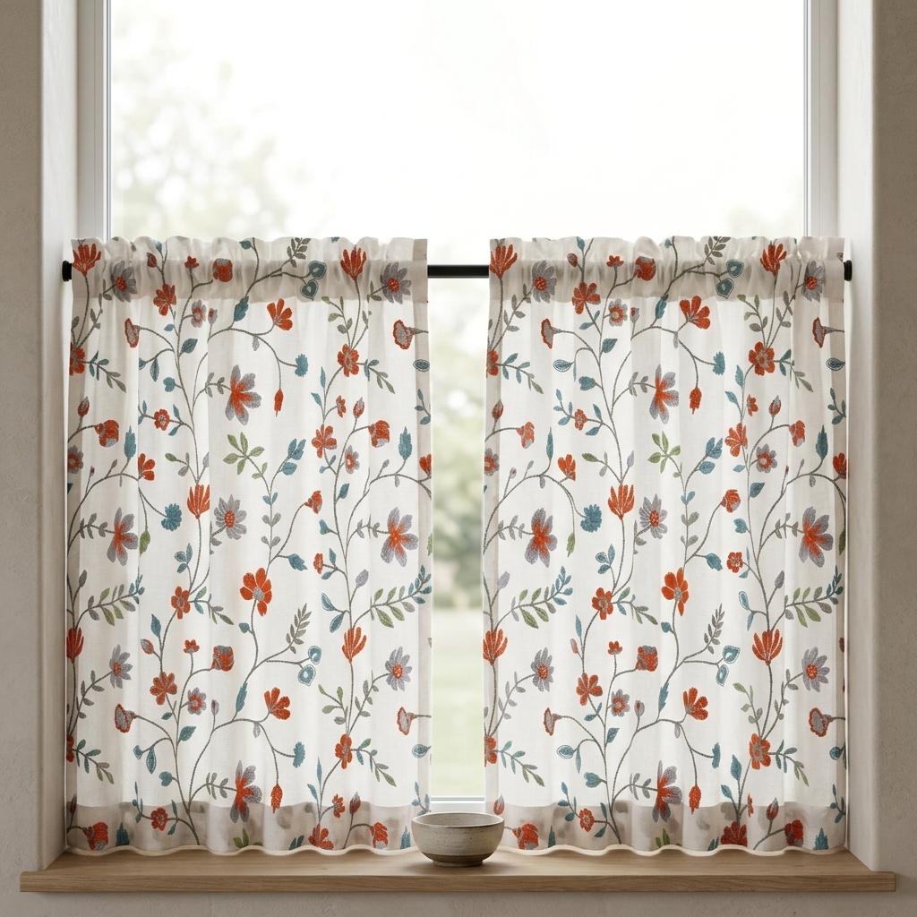 Ivory Pure Linen Embroidered Curtains, Burnt Orange Blue Floral Vine Drapes, Custom Extra Long Blackout Panels — image 9
