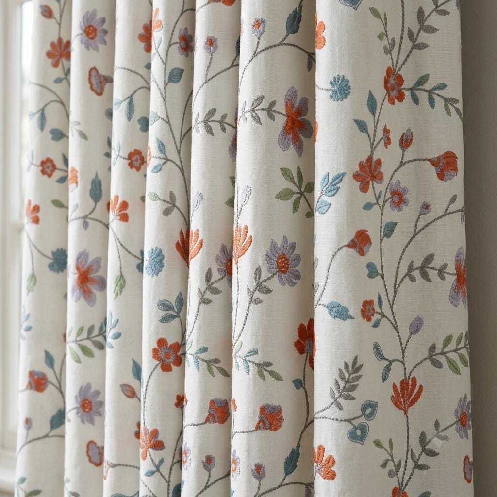 Ivory Pure Linen Embroidered Curtains, Burnt Orange Blue Floral Vine Drapes, Custom Extra Long Blackout Panels — image 1