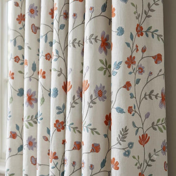 Ivory Pure Linen Embroidered Curtains, Burnt Orange Blue Floral Vine Drapes, Custom Extra Long Blackout Panels — image 1