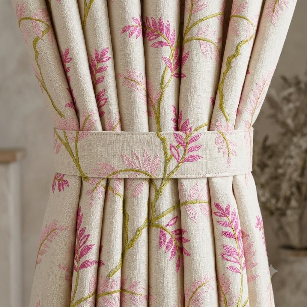 Ivory Pure Linen Curtains, Pink Olive Green Embroidered Floral Vine, Custom Blackout or Light Filtering — image 1